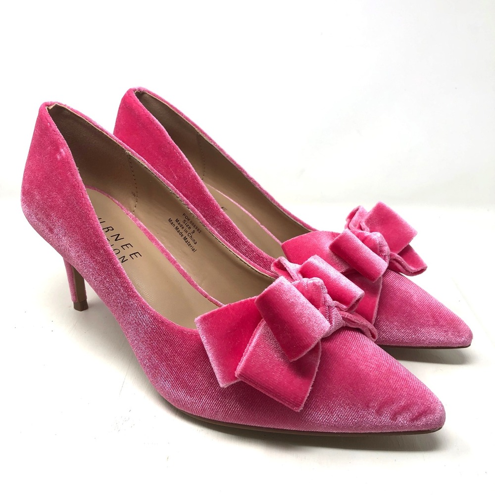 Journee Collection Velvet Bow Pumps Womens 9 Pink Pointed Toe Kitten Heel